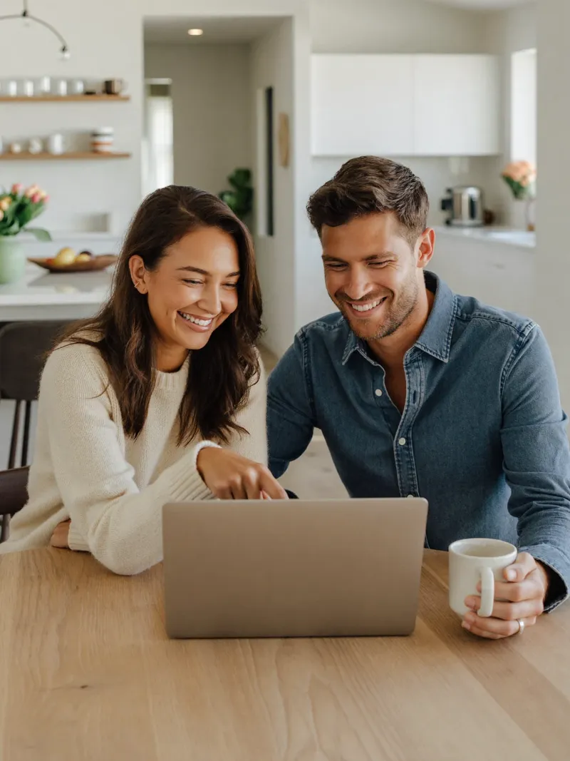 Una pareja en la mesa de su cocina solicitando una hipoteca en línea