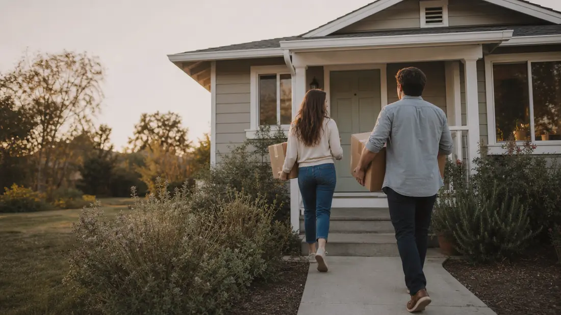Una pareja joven disfrutando su primera comida en su nuevo hogar