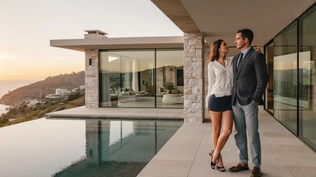 Una pareja en la terraza de su casa en la colina al atardecer
